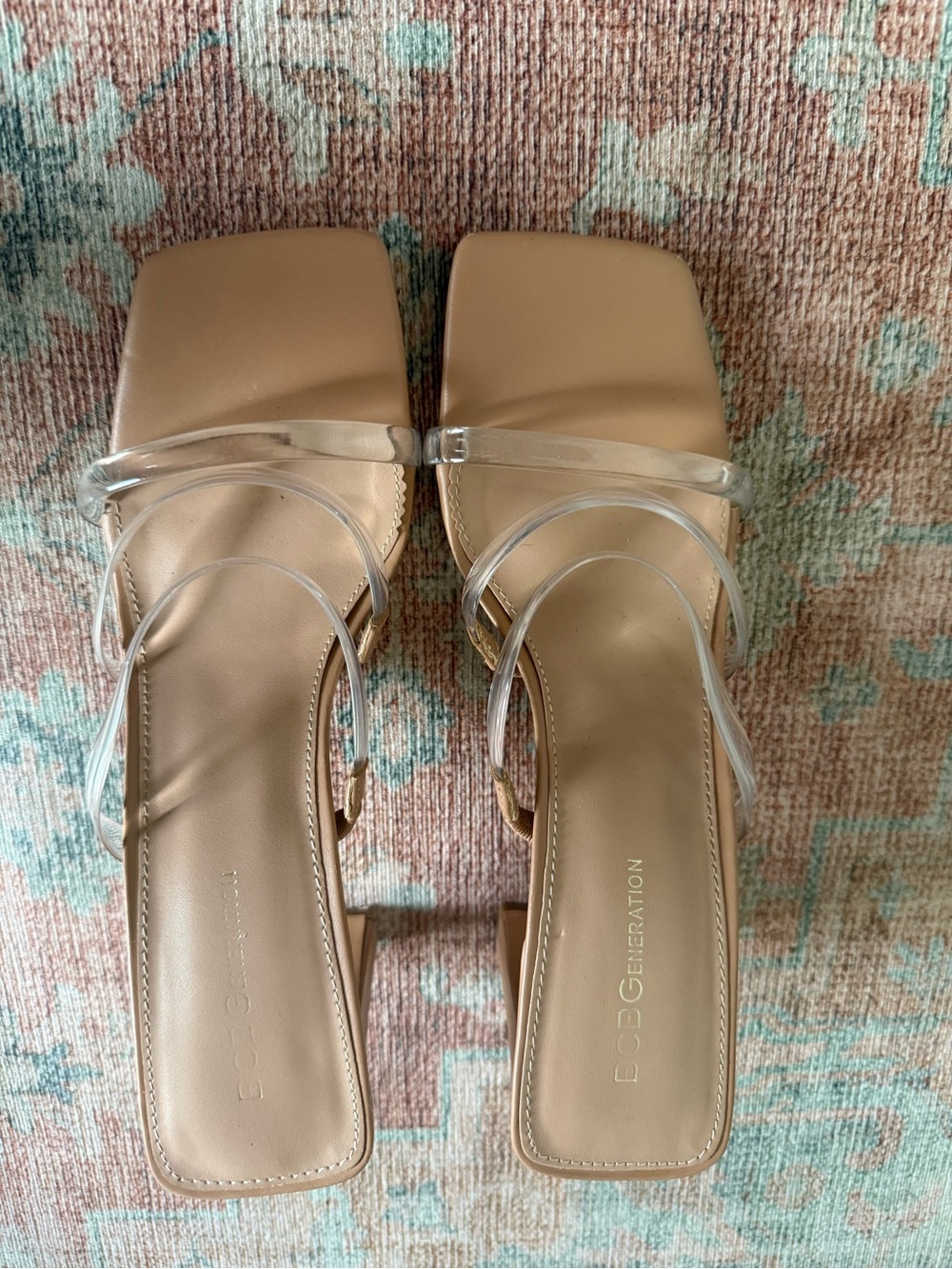 BCBGeneration Nude Square-Toe Block Heel Sandals with Clear Straps